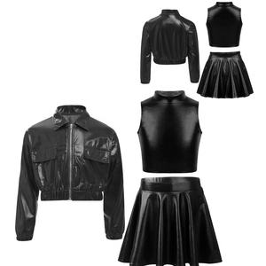 Conjunto de 3 piezas para niñas de 6 a 16 años: Chaqueta metálica, top corto de cuello alto y falda acampanada para venta al por mayor, ideal para baile de salón. - Product Image 2