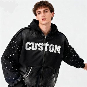 Sudadera con capucha de invierno para hombre, con cremallera completa, de algodón lavado, estilo vintage, con lavado ácido, de peso pesado, oversize, con pedrería y detalles de cristal - Product Image 1