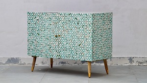 Mini-meuble de salon moderne fait main avec incrustations en os, hauteur réglable, motif géométrique en carreaux, porte à panneau surélevé, tiroirs de rangement - Product Image 2