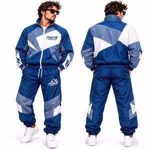 Ensemble veste coupe-vent et pantalon pour homme, bleu royal, blanc, gris, entièrement zippé, imperméable, colorblock, vêtements de sport - Product Image 1
