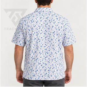 เสื้อโปโลผู้ชาย Trackstar สีขาว-น้ำเงิน ลายใบไม้แบบนามธรรม แขนสั้น คอปกติดกระดุม เสื้อกอล์ฟลำลอง สกรีนโลโก้ได้ - Product Image 2