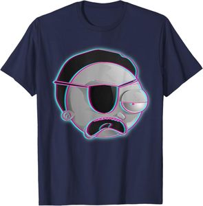 Camiseta Azul Marino para Hombre con Diseño de Personaje de Dibujos Animados y Contorno Neón, Manga Corta, Cuello Redondo, Estilo Casual - Product Image 1