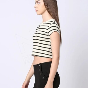 Custom logo for Women Stripe style Crop <b>Tops</b> T-shirt Acid Wash Vintage Cut Cotton T-shirt Crop <b>Top</b> Hot Sexy Girl Outfit - Product Image 3
