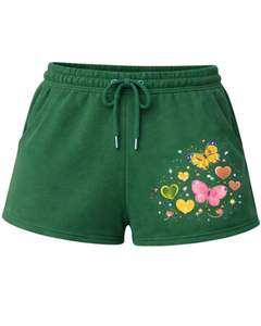 Pantalones Cortos de Forro Polar para Mujer, Color Verde Bosque, con Estampado de Mariposas y Corazones, Cintura Elástica, Casuales, de Verano, Fabricante Personalizado, Suministro OEM - Product Image 1