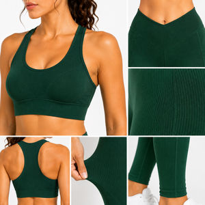 Women <b>Seamless</b> V Waist Yoga Set Ribbed High Waist <b>Leggings</b> Sports Bra Fitness Gym Activewear Set - Product Image 6