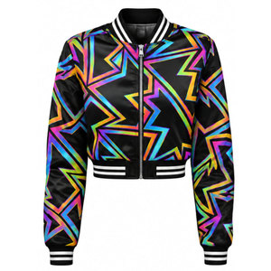 Chaqueta Bomber con Estampado Geométrico para Mujer, Ropa de Otoño, Manga Larga, Cierre de Cremallera, Cuello Camisero, Material de Poliéster, Corte Corto - Product Image 2