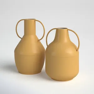 Minimalist Metal Tabletop <b>Vase</b> With Handle <b>Mustard</b> Yellow 13.80 In And 12 In Height For Modern Home Decor - Product Image 2