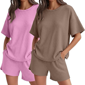 Women Lightweight Waffle Knit Lounge Set Oversized Top and Shorts <b>Matching</b> Outfit Wholesale - Product Image 6