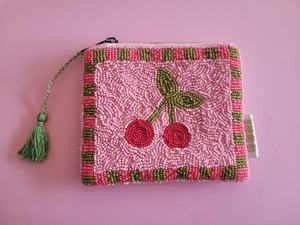 Handmade Square Pink Beaded Cherry <b>Purse</b> With <b>Green</b> Tassel Zipper Craft Gift - Product Image 1