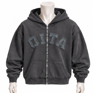 Sweat-shirt à capuche gris anthracite pour homme, entièrement zippé, avec patch en chenille, en molleton épais, coupe oversize, style streetwear décontracté, avec poches - Product Image 1