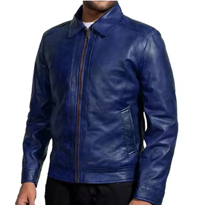 Veste en cuir pour homme en véritable peau de mouton bleue, style motard |   Style moto ajusté |   Veste de voyage d'extérieur sur mesure |   Prix de gros - Product Image 3