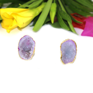 Goran Vogue Punk Style Purple Geode Druzy Skeleton 24K Gold Plated <b>Brass</b> Women's Gift Stud Earrings - Product Image 2