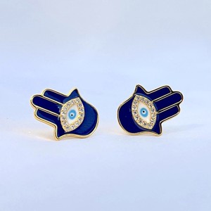 Hamsa Hand <b>Stud</b> <b>Earrings</b> 925 <b>Silver</b> Blue Evil Eye Crystal Rhinestone Religious Jewelry - Product Image 2