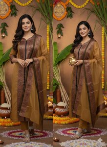 Conjunto de Kurti de Algodón para Mujer, Estilo Tradicional, Color Gris con Tejido Marrón, Largo hasta el Tobillo, Corte Regular, Ropa Casual, Estilo India-Pakistán - Product Image 3