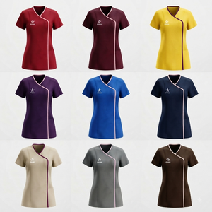 Tunique d'uniforme de spa pour femme, col asymétrique, vêtement de travail pour esthéticienne, salon de beauté, coiffeuse, avec passepoil contrastant, vente en gros personnalisée - Product Image 5