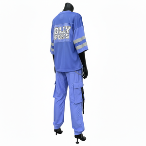 Conjunto de pantalón cargo de malla de poliéster de 160 GSM para mujer con logo serigrafiado en azul y pantalón de malla. Conjuntos de pantalón y jersey de malla para mujer. - Product Image 5