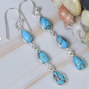 Handmade <b>Gold</b> Plated Cute Blue Turquoise Pear Drop <b>Dangle</b> <b>Earrings</b> 925 Sterling Silver Long Gemstone for Women - Product Image 2