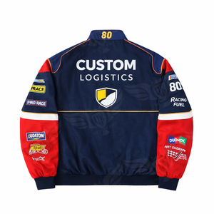 เสื้อแจ็คเก็ตแข่งรถแบบกำหนดเองสำหรับผู้ชาย ปักลายปักตกแต่ง แนวมอเตอร์สปอร์ต สีดำม่วง ติดกระดุมแป๊ก สตรีทแวร์ โลโก้ OEM ขายส่ง - Product Image 4