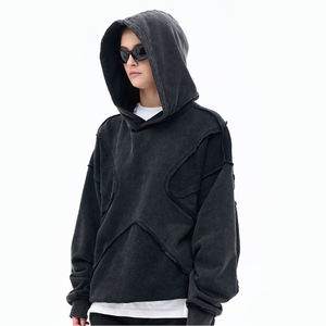 เสื้อสเวตเตอร์มีฮู้ดขนาดใหญ่สำหรับผู้หญิง สีเทา ผ้าฝ้ายถัก ดีไซน์ไม่สมมาตร ไหล่ตก ความยาวสั้น สไตล์สตรีทแวร์สำหรับฤดูใบไม้ร่วง - Product Image 2