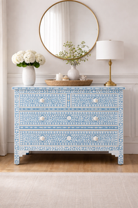 Indian Handmade Solid Wood <b>Sideboard</b> Flower Inlay <b>Storage</b> Cabinet Blue and White Bedroom Living Room Furniture - Product Image 1