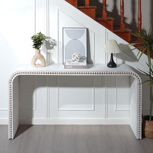 Consolle da ingresso da 59 pollici, stile cascata, curva, con perline in legno bianco lavato, per ingressi - Product Image 1