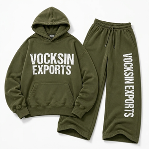 Vocksin Ensemble de survêtement unisexe vert olive, sweat à capuche oversize et pantalon large en coton épais, tenue streetwear premium à séchage rapide - Product Image 4