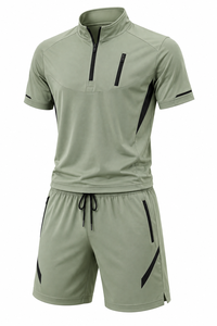 Grace Collection Men's Sporty Streetwear Hooded Quarter-<b>Zip</b> Short Sleeve Top & Shorts Set Quick Dry Fleece Winter Solid Color - Product Image 4