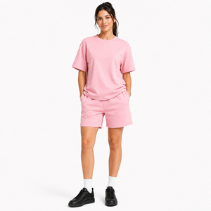 Women's Pink Oversized T-Shirt and Shorts <b>Set</b> Crew Neck Loose Fit Solid Color Knitted Cotton Casual Two-Piece Outfit - Product Image 1