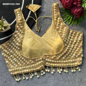 Fashionable Beautiful Silk with Moti-<b>Beads</b> Crystal-Handwork Sleeveless Padded Back-Hook Blouse Collection Wholesale Supply - Product Image 5
