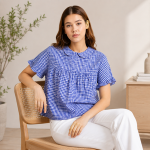 Blusa de popelina de algodón a cuadros azul para mujer, con cuello Peter Pan, manga con volantes, logo frontal, corte holgado, top de primavera/verano - Product Image 6