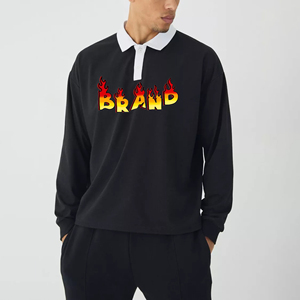 Men's Long Sleeve Polo <b>Shirt</b> Black <b>Flame</b> Print Casual Knitted Front Logo Design - Product Image 1