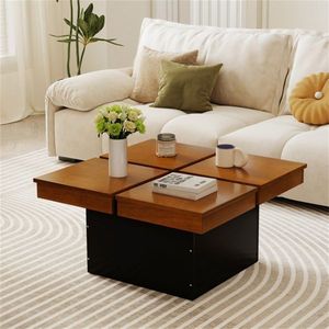Modern 4-Section Storage Okume Wood Veneer <b>Coffee</b> <b>Table</b> <b>Square</b> Floating Design with Walnut and <b>Black</b> Finish - Product Image 1