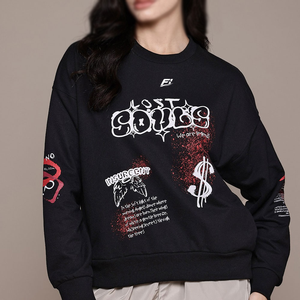 Sudadera Negra Personalizada con Gráficos para Mujer, Sudadera Holgada con Cuello Redondo, Estilo Casual Urbano, Mezcla de Algodón, Sudadera Estampada - Product Image 1