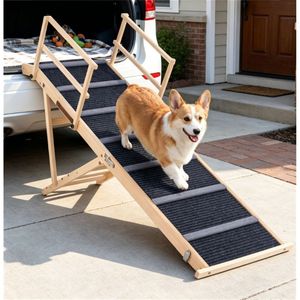 Rampa per Animali Domestici in Legno di Pino Massiccio, Regolabile a 6 Livelli, Pieghevole, Antiscivolo, con Corrimano, Capacità 145 Libbre, Lavabile, per Cani - Product Image 1