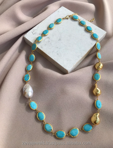 Collar de eslabones de oro turquesa, collar de cadena de conector de Perla Barroca Irregular, joyería de moda de verano - Product Image 2