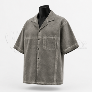 Camisa de Mezclilla Personalizada para Hombre, de Manga Corta, Oversize, Sólida, de Sarga, Casual, con Botones, de Algodón Ecológico, Ajuste Holgado, OEM ODM - Product Image 3