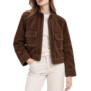Wholesale Top Quality Cow <b>Suede</b> <b>Women</b> Leather <b>Jacket</b> Stand Collar Zipper Patch Pocket Short Utility Autumn Coat - Product Image 2