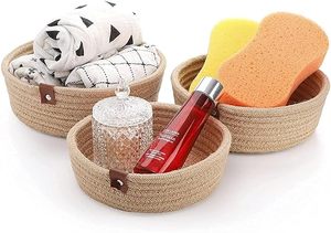 Ensemble de 3 paniers de rangement en corde de jute tressée à la main, finition naturelle avec poignées en cuir, pour le rangement et l'organisation - Product Image 5