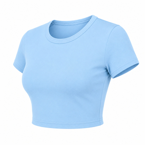 เสื้อยืดครอปท็อปผู้หญิง สีพื้น เรียบง่าย คอกลม แขนสั้น ทรงเข้ารูป ระบายอากาศได้ดี ผ้าถัก สำหรับฤดูใบไม้ผลิและฤดูร้อน สวมใส่สบายๆ - Product Image 6