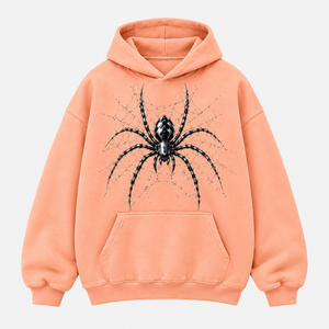 Sweat-shirt à capuche oversize pour homme, coupe ample, couleur pêche, avec poche avant, imprimé toile d'araignée noire - Product Image 2