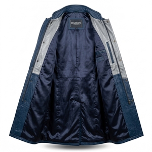 Abrigo Largo de Cuero Genuino para Hombre Estilo Marina Real con Panel Frontal Plateado Personalizado y Cuello Alto - Servicio de Exportación - Product Image 5