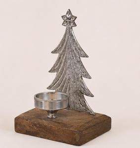 Handcrafted Nickel-Plated Aluminum Christmas <b>Tree</b> Tealight Holder Rustic Mango Wood Base Festive <b>Tabletop</b> Centerpiece For Home - Product Image 3