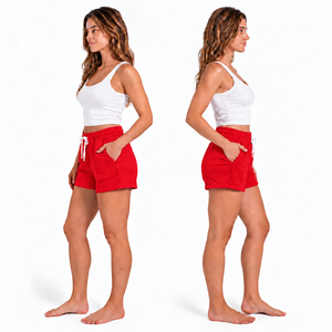 Shorts en coton rouge uni pour femme, taille haute, cordon élastique, décontracté, tricoté, coupe régulière, respirant - Product Image 6