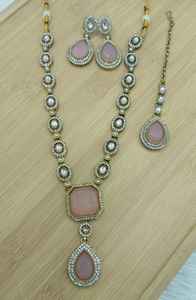 Traditional Gold Plated Kundan <b>Necklace</b> <b>Set</b> with Zircon Stone Pendant Matching Earrings & Maang Tikka <b>Bridal</b> Wedding Jewelry - Product Image 3