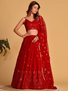 <b>Red</b> <b>Sequin</b> Georgette Lehenga Choli Semi Stitched Indian Outfit Embroidered Two Piece Reception Wear - Product Image 6