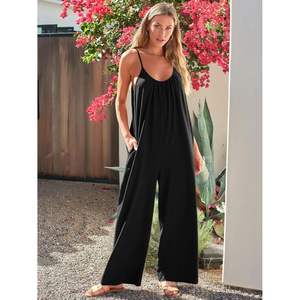 2025 femmes ample décontracté sans manches combinaisons réglable Spaghetti sangle jambe large extensible barboteuses motif poches - Product Image 3