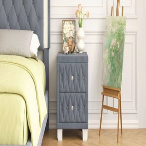 Elegant Grey Button Tufted Nightstand with <b>2</b> <b>Drawers</b> and Crystal Handle <b>Storage</b> Bedside Table - Product Image 4