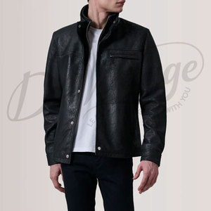 Premium Men Black Textured <b>Leather</b> <b>Jacket</b> Vintage High Neck Double Collar Slim Fit Genuine <b>Leather</b> Casual Fashion Coat - Product Image 6