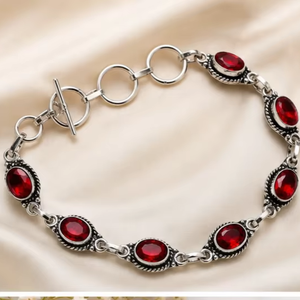 Natural Red Garnet Gemstone Silver <b>Bracelet</b>, Handmade 925 Sterling Silver Link <b>Bracelet</b>, <b>Adjustable</b> January Birthstone Jewelry f - Product Image 1