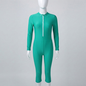 Women's Solid <b>Green</b> Long Sleeve Crew Neck One-Piece <b>Bodysuit</b> Front Zipper Stretch Spandex/Polyester High Waist Bikini - Product Image 1